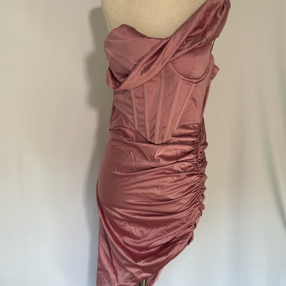 Off-Shoulder Ruched Satin Dress in Rose Pink